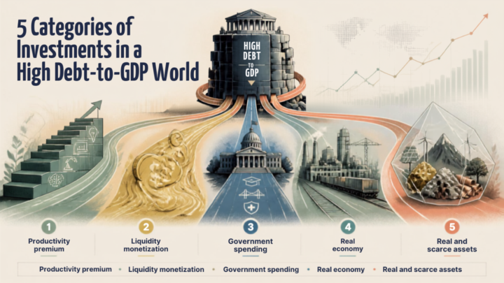 Diagram titled '5 Categories of Investments in a High Debt-to-GDP World' showing five categories: Productivity Premium, Liquidity Monetization, Government Spending, Real Economy, and Real and Scarce Assets, arranged around a central 'HIGH DEBT/GDP' hub.