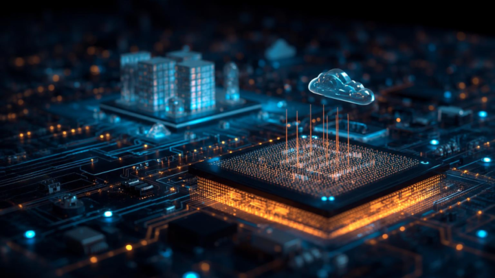 Image titled "Productivity Premium ETF' showing microchip powering cloud computing.